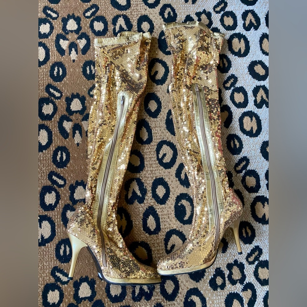 Thigh-high Gold Sequined Stiletto Boots Size 8.5 - Go-go, burlesque, dance, club